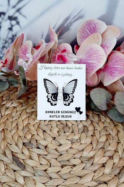 Burak Baskı Tasarım 5 (Pair) - Mother's Day Gift Pearl Earrings with Butterfly Card / Teacher Gift