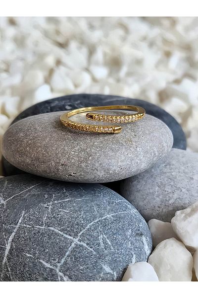 Eva Takı Store Adjustable Gold Color Steel Ring with Parallel Bar Stone