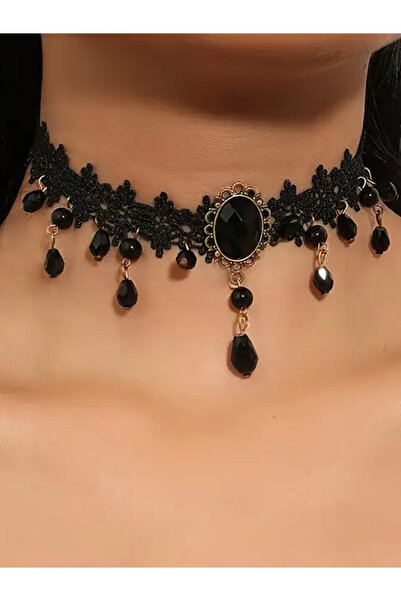 Filmaldım Siyah Taşlı Dantelli Kolye