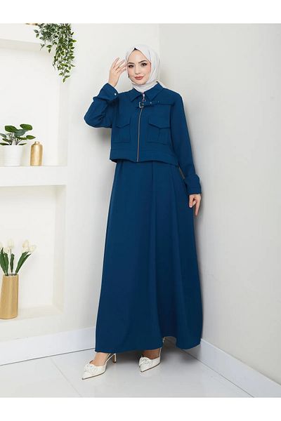 VOLT CLOTHİNG بدلة تنورة نسائية بياقة بسحاب وحزام مفصل