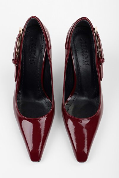 Shoeberry Women's Myra Burgundy Stiletto - Buckle Patent Leather Belt