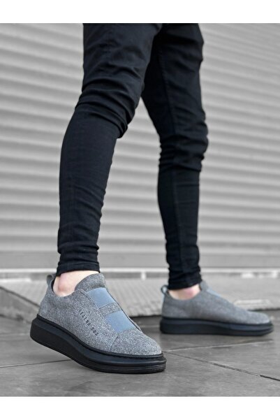 TUGERDİ Tugerdi Thick Black Sole Suede Leather Double Tape Gray Black Men's Sneakers Tge230457