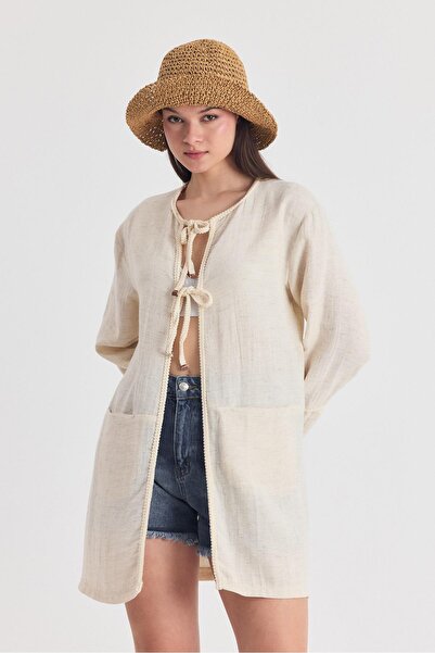 Rays Natural Collar Knit Trim Detailed Lace up Kimono 4411A