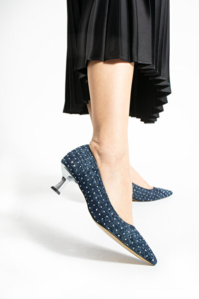 Güllü Shoes Mavi Kot Jeans Vegan Deri 5 cm İnce Topuklu Taşlı Kadın Topuklu Ayakkabı | Şık Rahat Günlük Ofis