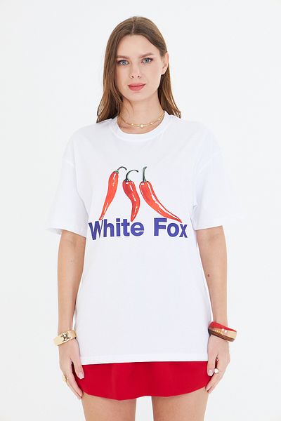 The Champ Clothing White Fox White Women's Pepper Printed Crew Neck T-Shirt
