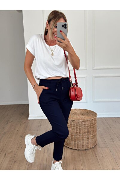 X-Young material elastic Pantaloni cu picioare duble cu talie elastică ALBASTRU ÎNCHIS