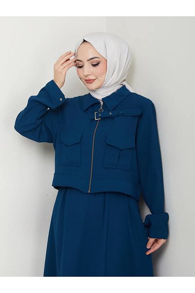 VOLT CLOTHİNG بدلة تنورة نسائية بياقة بسحاب وحزام مفصل