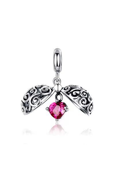 Fubena Silver Charm with Heart Dangle in Round Cage
