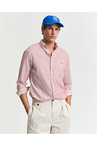 Gant Erkek Kırmızı Regular Fit Düğmeli Yaka Çizgili Gömlek