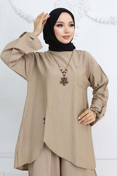 benguen Button Detailed Necklace Double Suit Mink 4782
