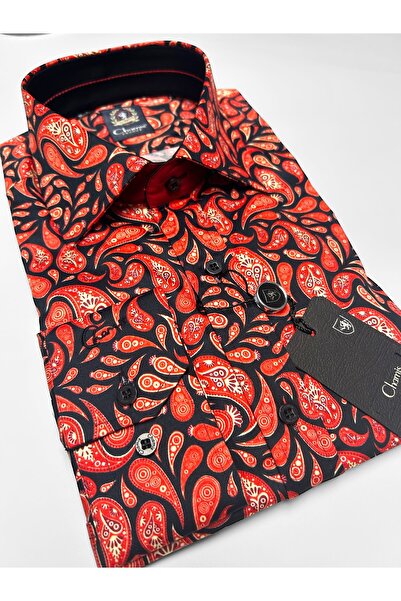 Chamis SlimFit Kırmızı Siyah Şal Desenli Saten Uzun Yaka Gömlek