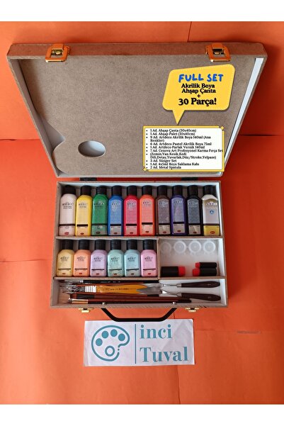 İNCİ TUVAL Artdeco Full Box Akrilik Boya Ahşap Çantalı Set Taşıma Fırça Spatula Terebentin Yağ Palet Boya Kabı