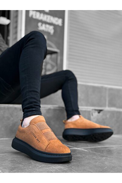 TUGERDİ Tugerdi Thick Suede Leather High Sole Double Tape Tan Black Men's Sports Shoes TGE230457