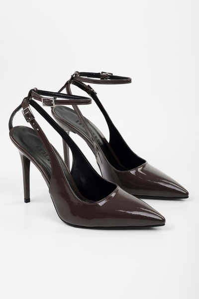Shoeberry Women's Mila Moka Patent Leather Belted Ankle Stiletto