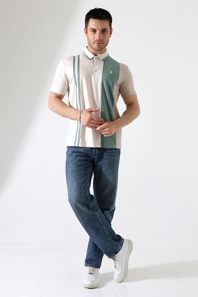ribana Men's Striped Stripe Detailed Cotton Polo Neck T-Shirt