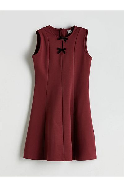 LC Waikiki Lcw Kids Burgundy Crew Neck Bow Detailed Girl's Dress
