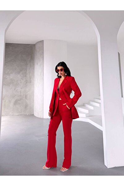 BARG FASHION Red Double Breasted Single Button Blazer Jacket Pants