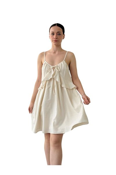 Retrobird Beige Sword Motif Üston Dress with Design Loose Cut Women's Dress