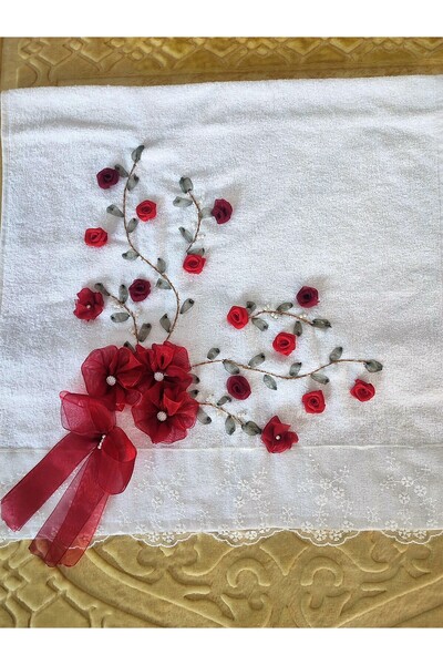 ZENCHES Kadife Çeyizlik Havlu, Nişan Havlusu Kadife Kurdelalı, Kurdele İşi Dantelli Havlu