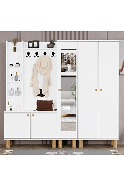 Kalender Dekor Evin-1-3-4 Bohem Ayaklı Aynalı Ayakkabılık Portmanto Vestiyer