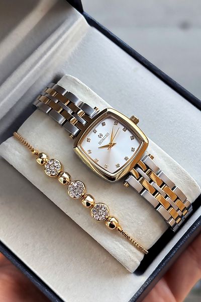 Homies Special Boxed Square Women's Wristwatch Waterproof Gold Silver Steel Band Gift Bracelet Hmby2058C2