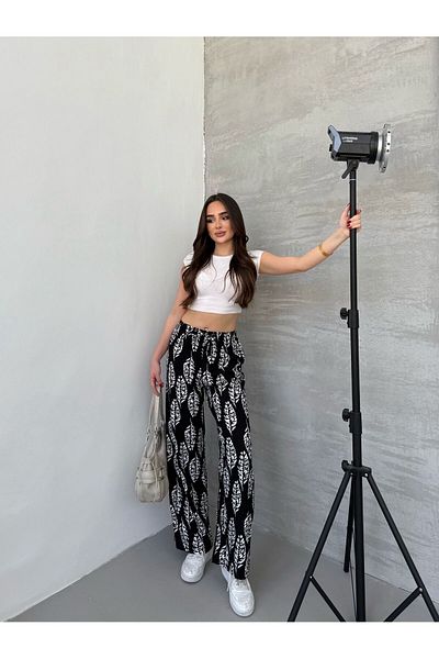 Ozy Fashion Black-White Leaf Patterned Wide Leg/Viscose Palazzo Trousers with Elastic Waist and Tie Detail