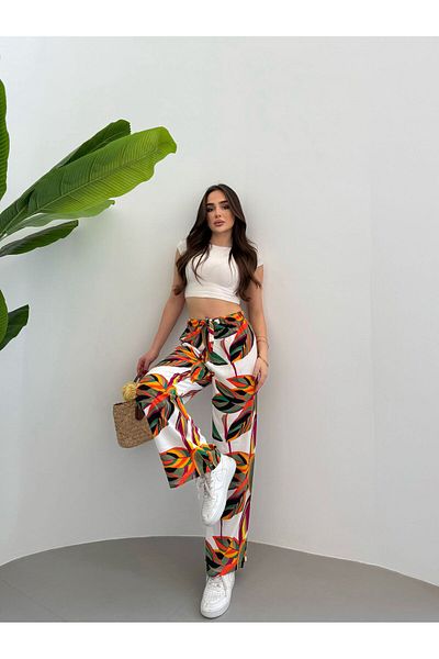 Ozy Fashion White-Orange Patterned Wide Leg Viscose Palazzo Trousers with Elastic Waist and Tie Detail