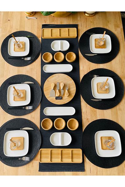 CASA DE BELLA Porcelain Bamboo 41 Piece Square Serving Plate Breakfast Set for 6 People