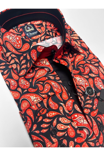 Chamis SlimFit Kırmızı Siyah Şal Desenli Saten Uzun Yaka Gömlek