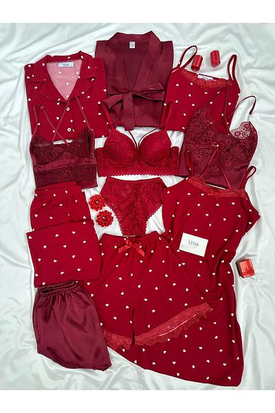 Lena Homewears Burgundy Satin Boxed 11 Piece Luxury Giant Pajamas Nightgown Dressing Gown Underwear Dowry Set