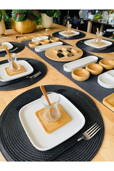 CASA DE BELLA Porcelain Bamboo 41 Piece Square Serving Plate Breakfast Set for 6 People