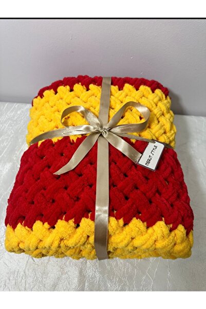 MERUT STYLE HAYATINI RENKLENDİR El Örgüsü Alize Puffy Bebek Battaniyesi Sarı Kırmızı Hasır Desen