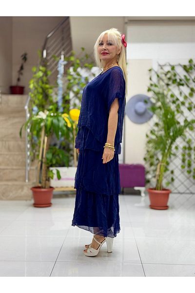 Punta Otantik Yg2060 Italian Silk Dress Navy Blue
