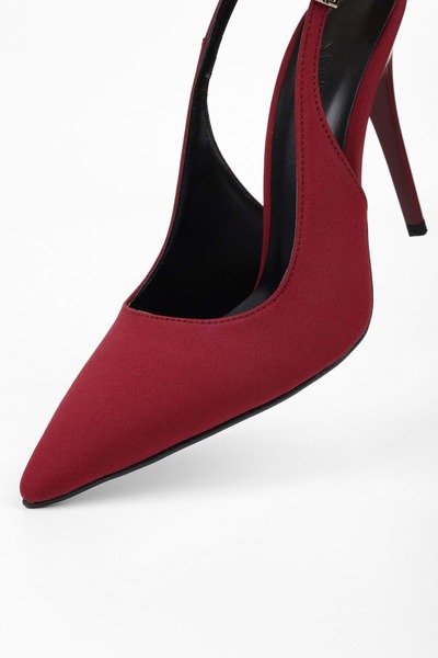 Shoeberry Women's Mila Burgundy Satin Belted Ankle Strap Stiletto