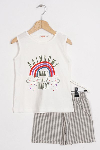 zepkids Zero Sleeve Rainbow Printed Striped Ecru Khaki Color Girls Shorts Suit