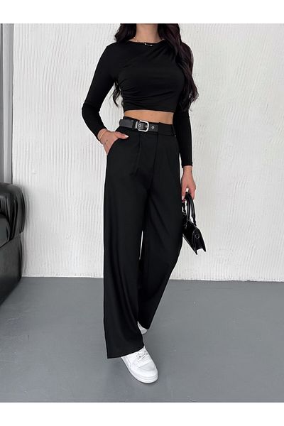 DeChival Women's Baggy Pants with Side Belt / Fabric Pants with Buckle Belt