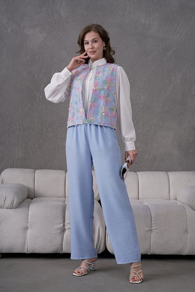 Miss Allos Women's Tulle Floral Embroidered Linen Vest and Pants Bottom Top Set