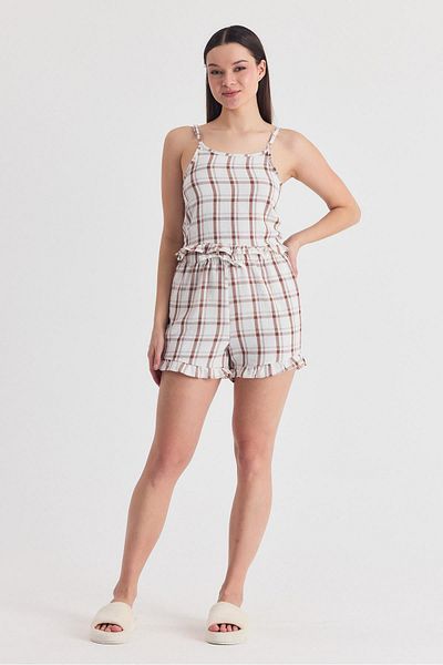 Rays Brown Plaid Patterned Ruffle Detailed Shorts Suit 4452