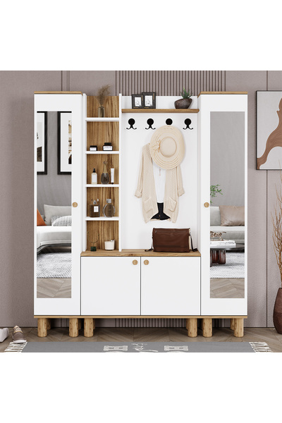 Kalender Dekor Evin-1-3-3 Bohem Ayaklı Aynalı Ayakkabılık Portmanto Vestiyer