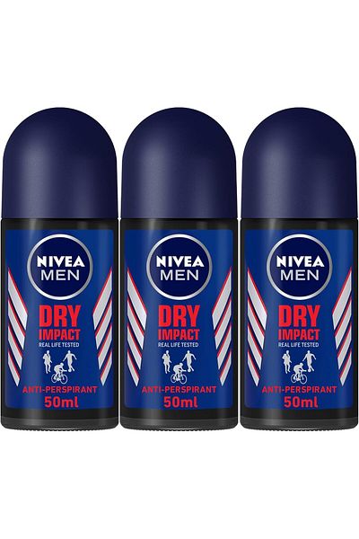 NIVEA Roll-On Deodorant Dry Impact 48 Hours by Nivea for Men, 3x50 ml, Refreshing