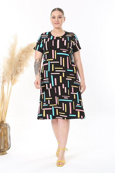 Madwilo Women's Black Pink Geometric Line Pattern Midi Dress