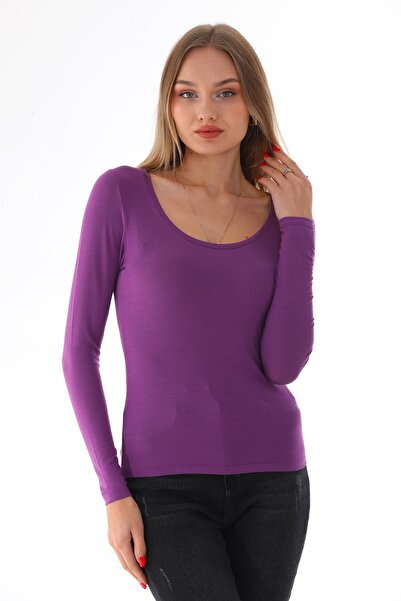 penyebizden Γυναικείο μπλουζάκι από βισκόζη χαμηλού γιακά Slim Fit-Μωβ