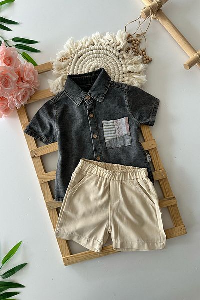 Minigimin Cicileri Ethnik Pocket Patterned Boy's 2Pcs Set - Jeans and Shirt