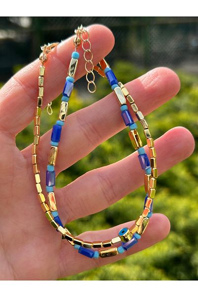 ByMerve Elegant Stylish Women's Tarnish-Free Gold Blue 2-Piece Set 26 cm Bead Anklet
