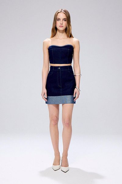 rue. Mini Navy Blue Denim Skirt with Glitter Stitching