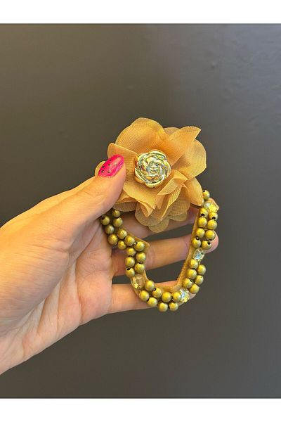 Gönülden Tasarım Yellow Beaded Flowery Heart Coat of Arms Sewing Accessory 10X8 cm