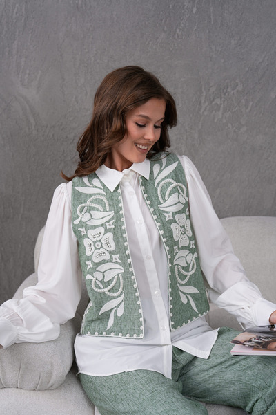 Miss Allos Women's Front and Back Embroidered Pearl and Stone Detailed Linen Vest and Pants Bottom Top Set