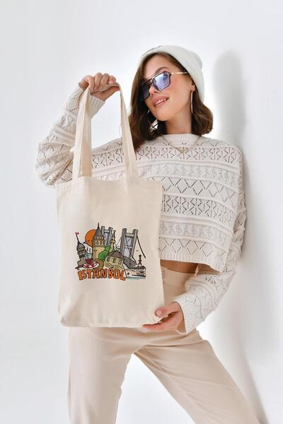 Çınar Bez Çanta Kanvas Köprülü Turuncu İstanbul Baskılı Bez Çanta