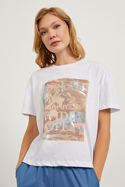 Arma Life Γυναικείο κοντομάνικο λευκό μπλουζάκι με στάμπα με λαιμόκοψη