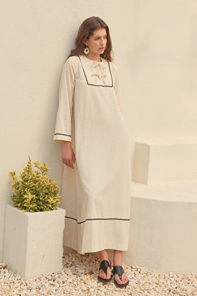 Fahhar Μπεζ Άνετο Λινό Φόρεμα